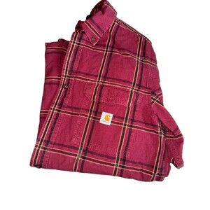 Carhartt Mens Medium Plaid Loose Fit Cotton Button Shirt W/ Pockets Long Sleeve